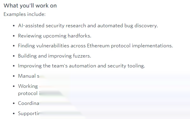 Ethereum Foundation job listing outlines AI-assisted security research, hard fork reviews, vulnerability discovery, fuzzing, and protocol audits.