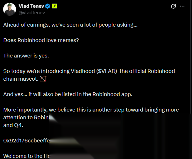 Взломанный пост Влада Тенева в X, продвигающий Vladhood как официальную мем-монету Robinhood Chain.