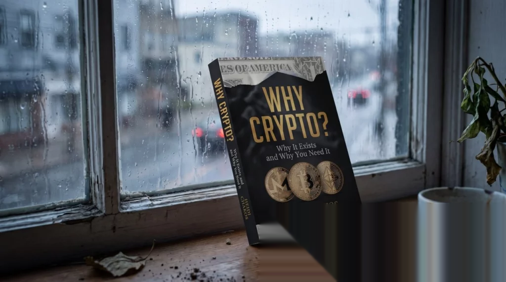 "Why Crypto?" by Heidi Chakos resting on a rainy windowsill, a top pick among cryptocurrency books for readers questioning the traditional financial system.