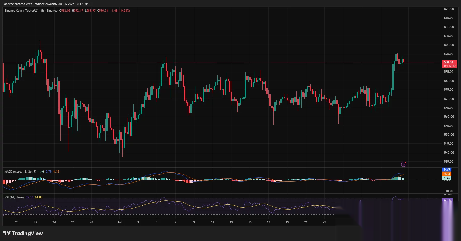 BNB 4-hour chart shows a breakout toward $595, supported by bullish MACD and RSI at 65.
