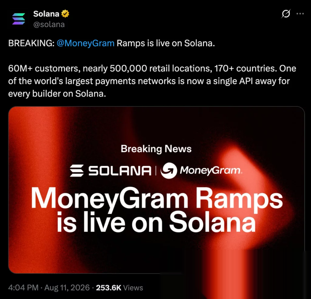 MoneyGram Ramps is live on Solana, source: Solana/X