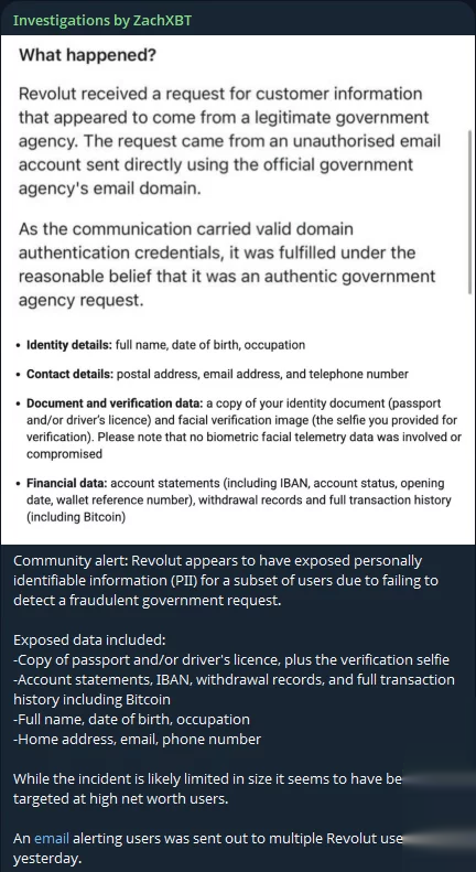 ZachXBT 的 Telegram 貼文截圖,顯示一份 Revolut 通知,內容關於在接獲詐騙性政府請求後所披露的客戶資料,包括身分證件與比特幣交易歷史。