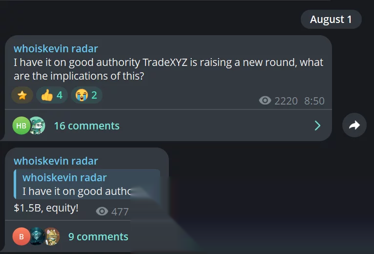 Telegram texts suggesting TradeXYZ is raising funds.