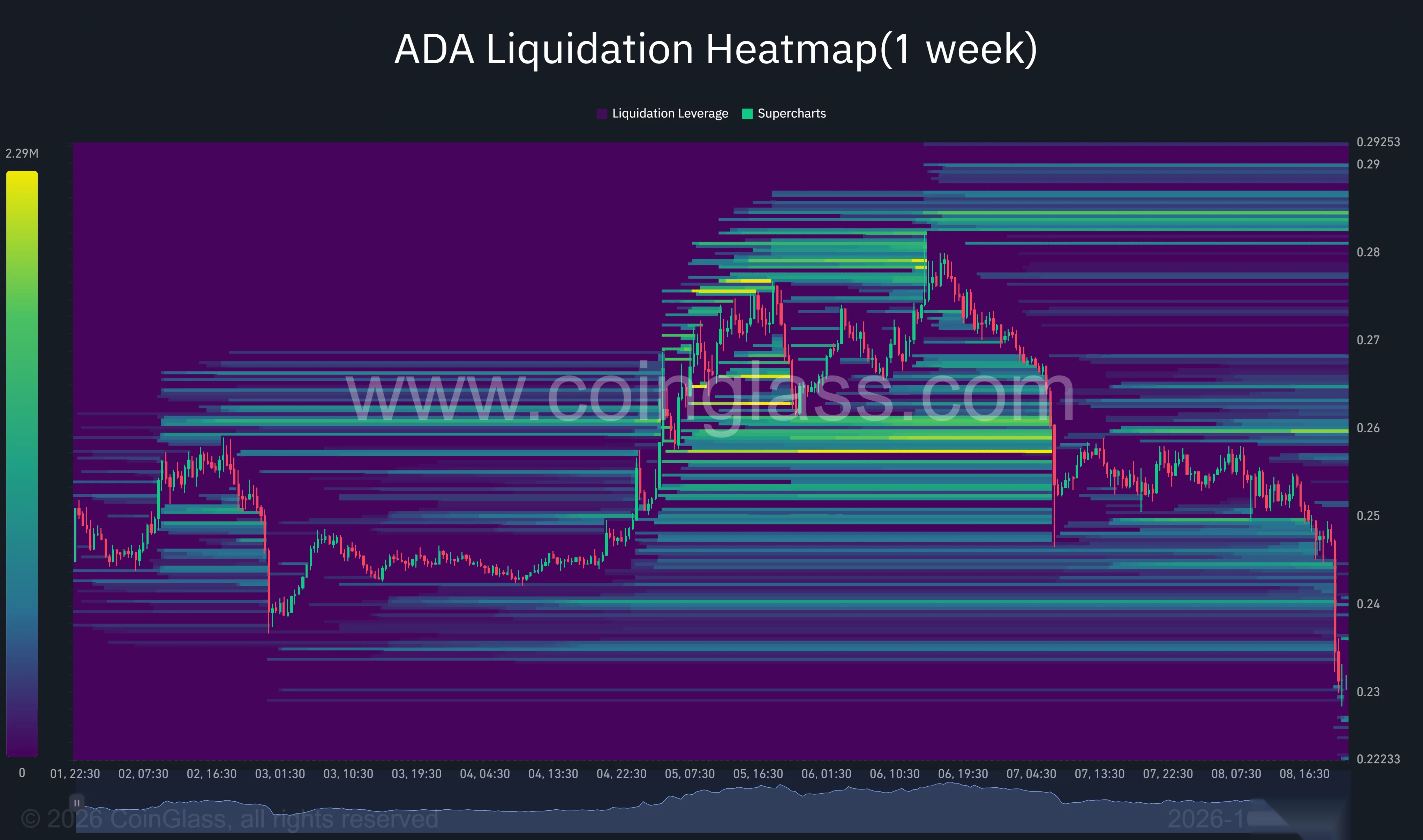 Недельная тепловая карта ликвидаций Cardano, показывающая падение ADA к $0,23, с кластерами ликвидаций выше цены около $0,26 и $0,283–$0,285.
